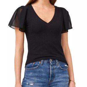 LIKE NEW 1.STATE Women's Flutter Short Sleeve V-Neck Knit Top Rich Black OR Navy